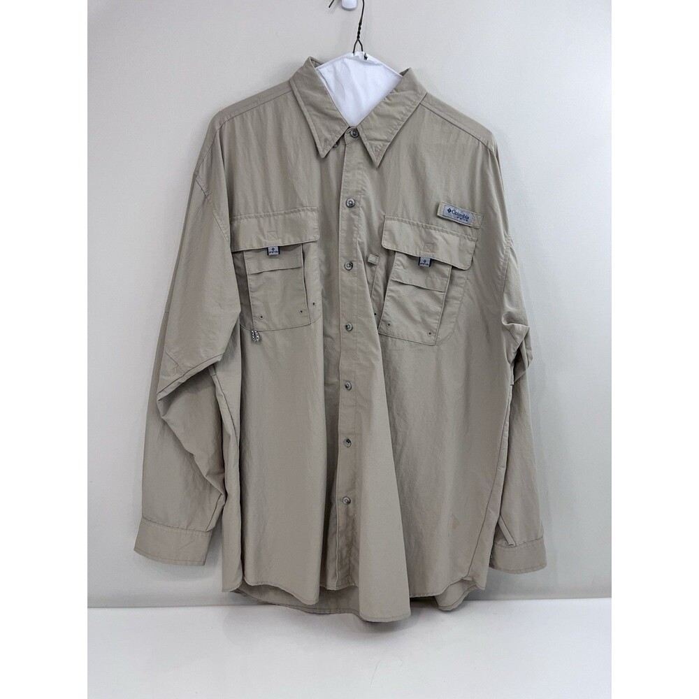 COLUMBIA Men’s PFG Bahama Long Sleeve Shirt XL Tan *Stain*